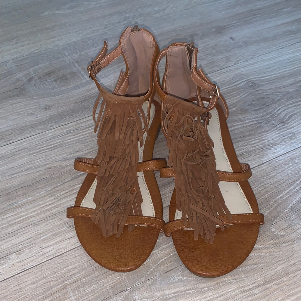 385 Fifth Brown Indian Boho Fringe Tan Sandals Zip Up - Picture 2 of 8